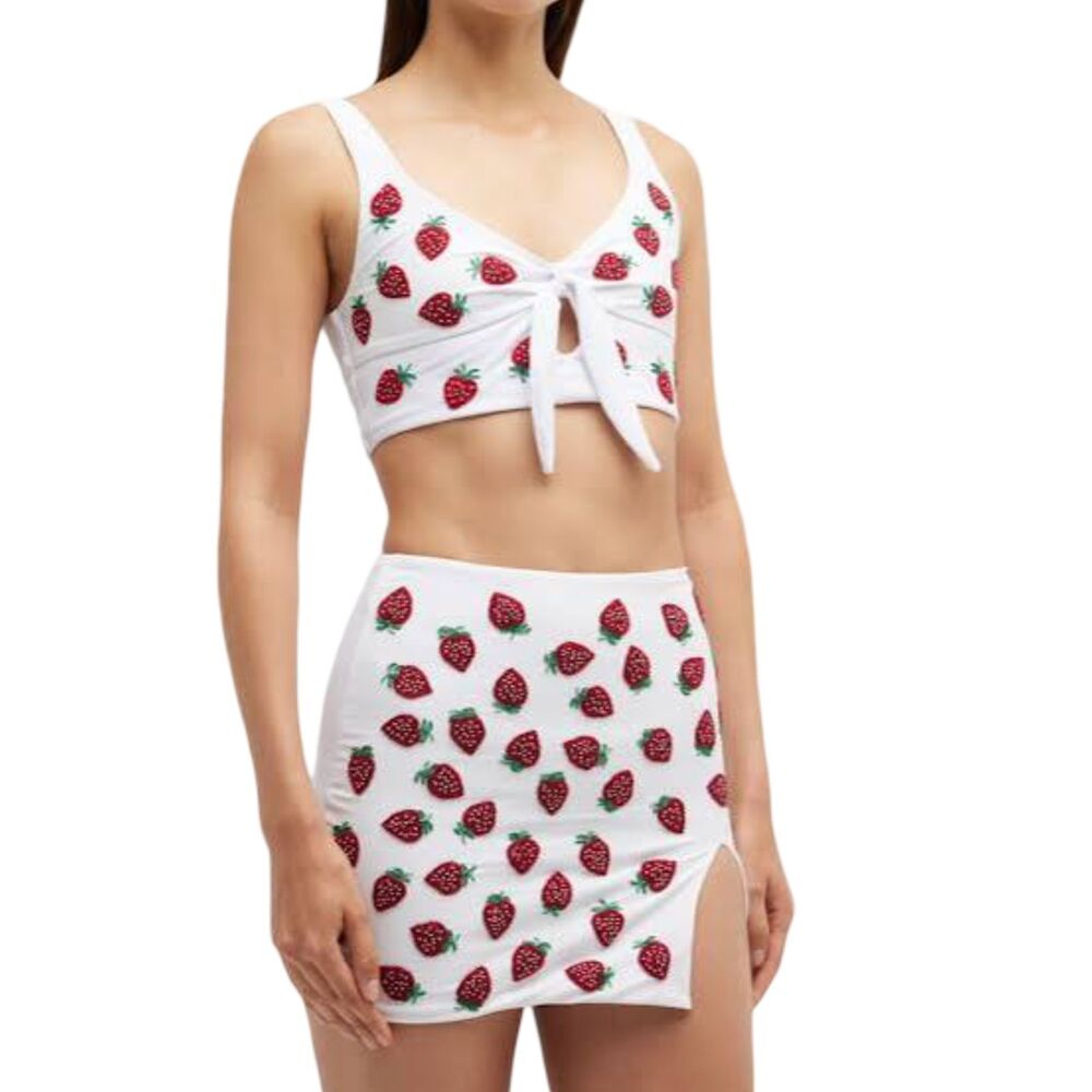Oceanus Alva Strawberry Beaded Swim Co-Ord Top Mini Skirt Set White Size L NWOT